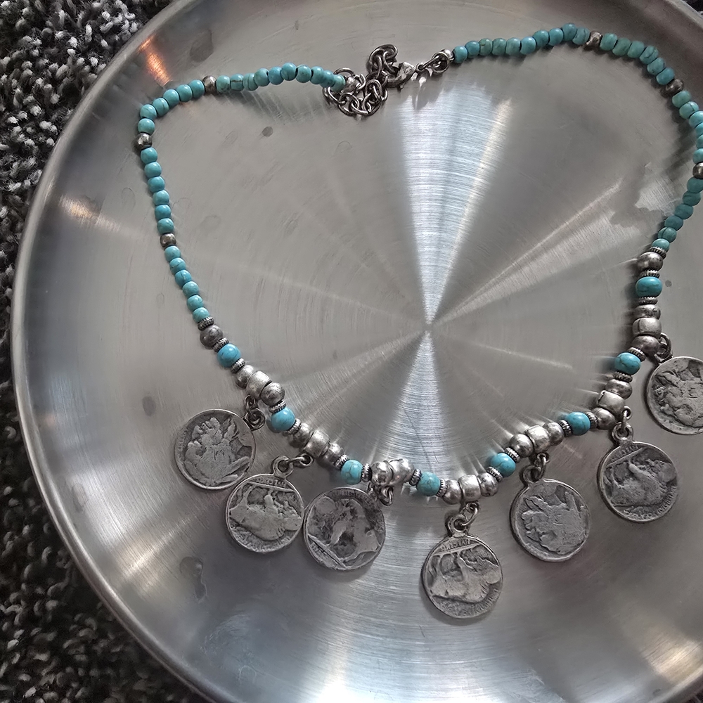 Blue and Silver Charm Necklace with Medallions